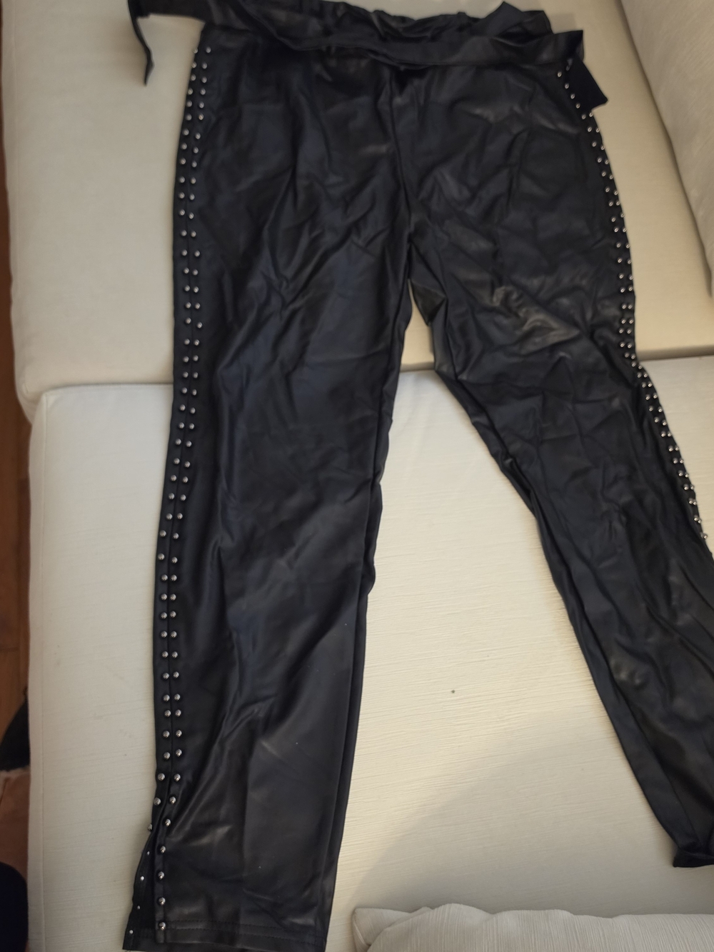 Black Faux Leather Studded Side-Strip Pants Leghings With Belt